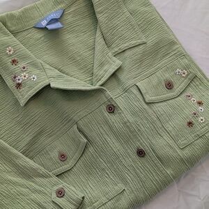 Koret Light Green Textured Button Front Floral Embroidered Beaded Shirt Size XL